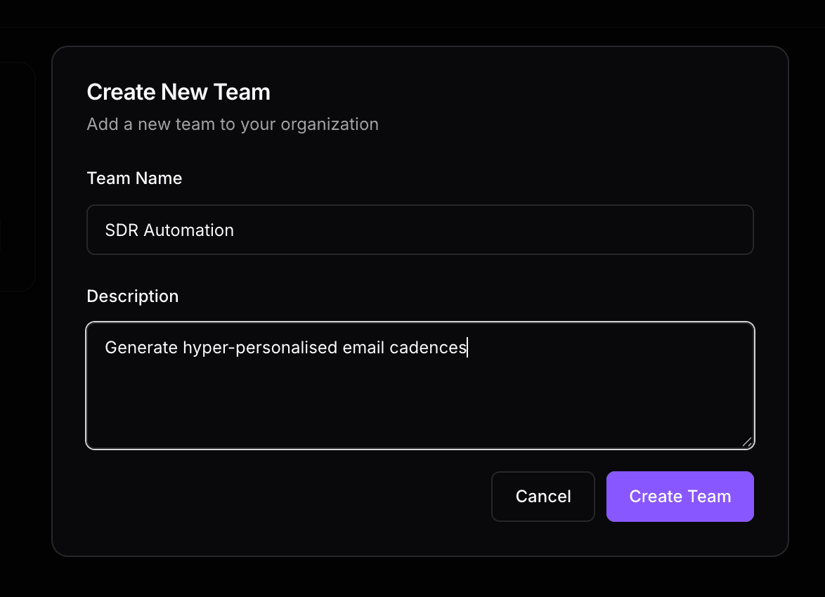 Create Team Screenshot